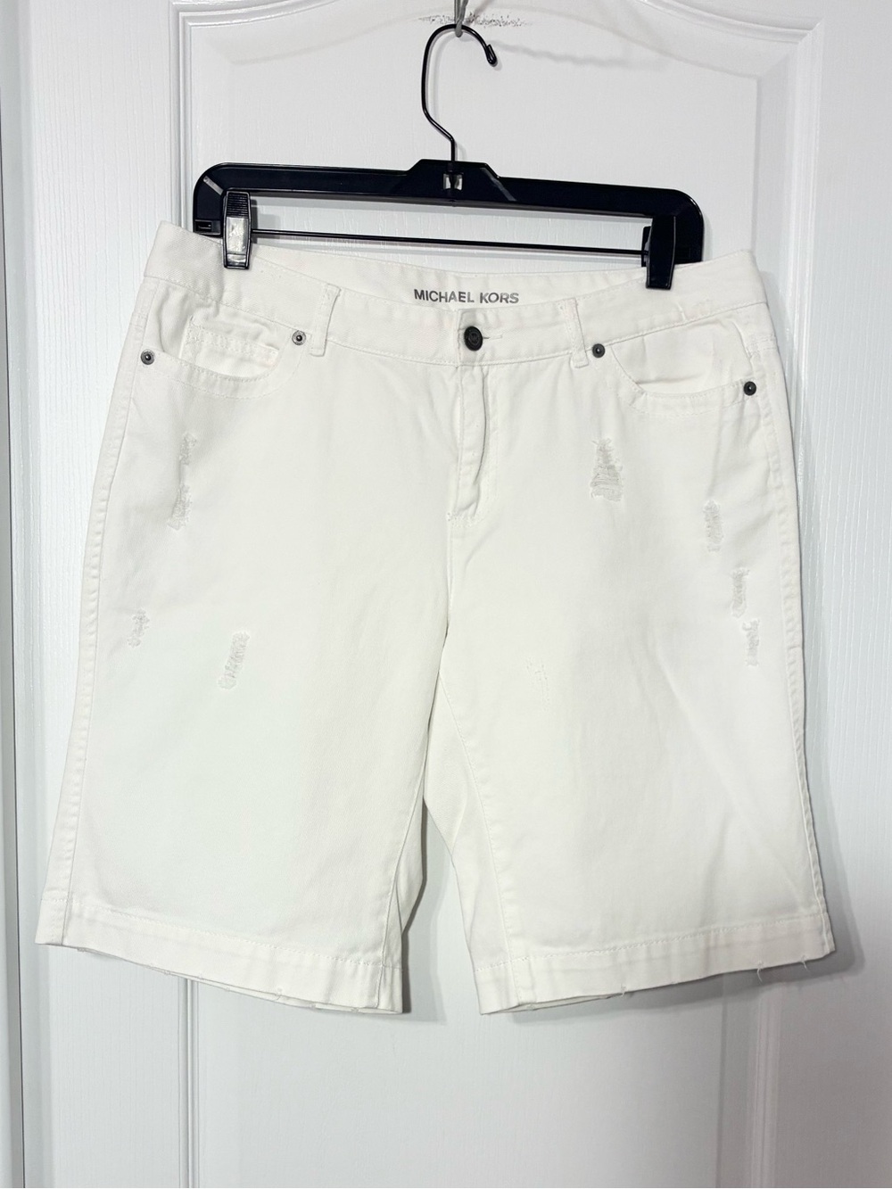 Michael Kors Distressed Denim Bermuda Shorts White Size 10